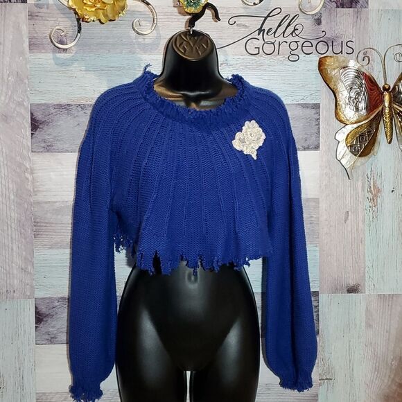 Umgee Custom Upcycled Cropped Royal Blue Woven Sweater Sz S Oversized Glammed Up - Picture 1 of 8